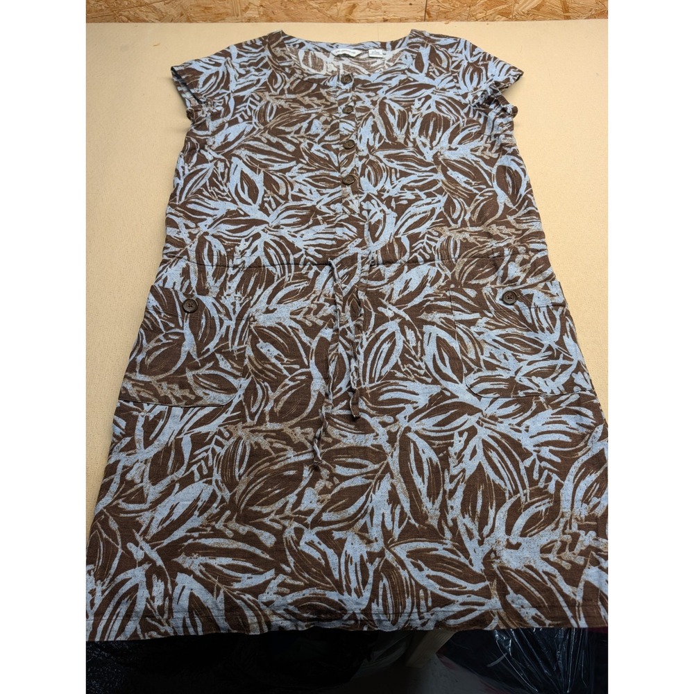 Liz Claiborne Women's Dress Size L Blue With Brown Leaf Patterned Mini Pockets